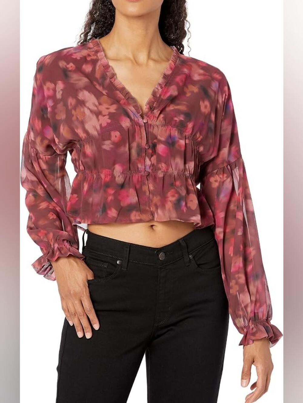 Steve Madden Floral Ruffle V-Neck Crop Blouse - Wine/Pink